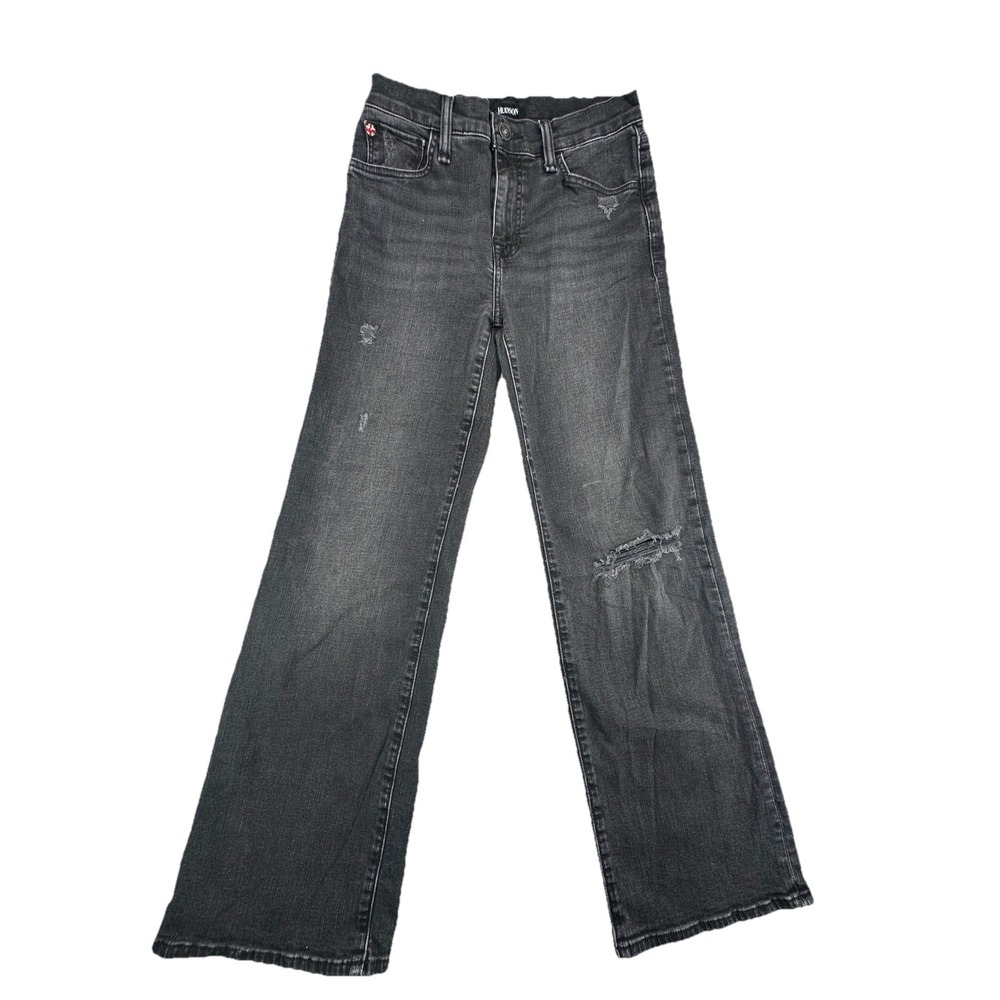 Hudson Jeans Womens Rosalie High-Rise‎ Wide Leg Distressed Denim Pants Black 24